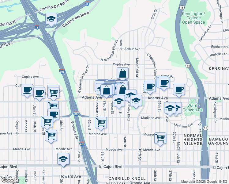 map of restaurants, bars, coffee shops, grocery stores, and more near 4745 Felton Street in San Diego
