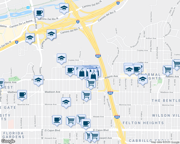 map of restaurants, bars, coffee shops, grocery stores, and more near 4837 Kansas Street in San Diego