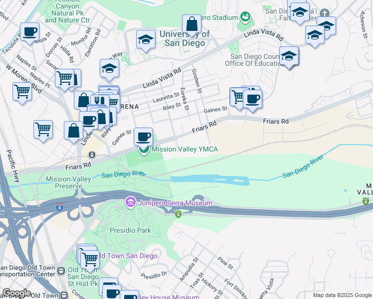 map of restaurants, bars, coffee shops, grocery stores, and more near 5745 Friars Road in San Diego