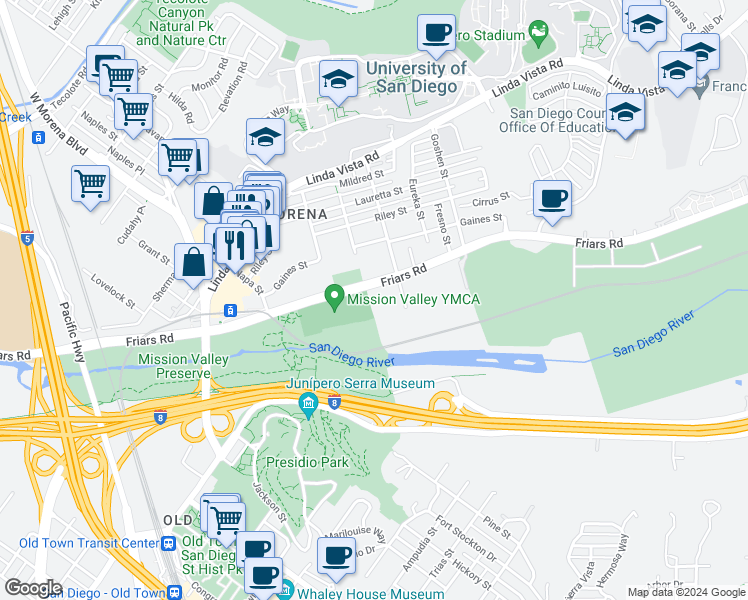 map of restaurants, bars, coffee shops, grocery stores, and more near 5605 Friars Road in San Diego