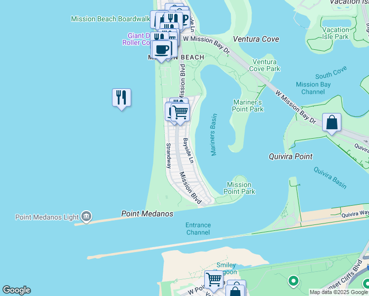 map of restaurants, bars, coffee shops, grocery stores, and more near 2842 Bayside Walk in San Diego