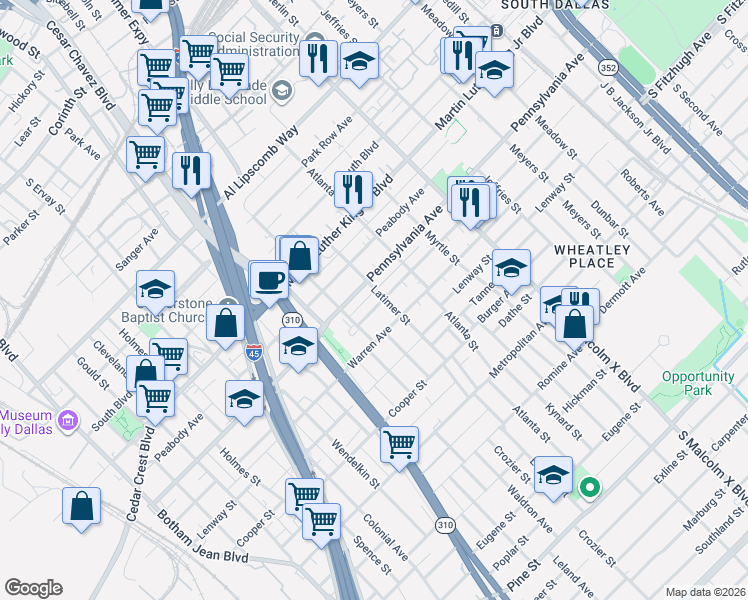 map of restaurants, bars, coffee shops, grocery stores, and more near 2505 Birmingham Avenue in Dallas
