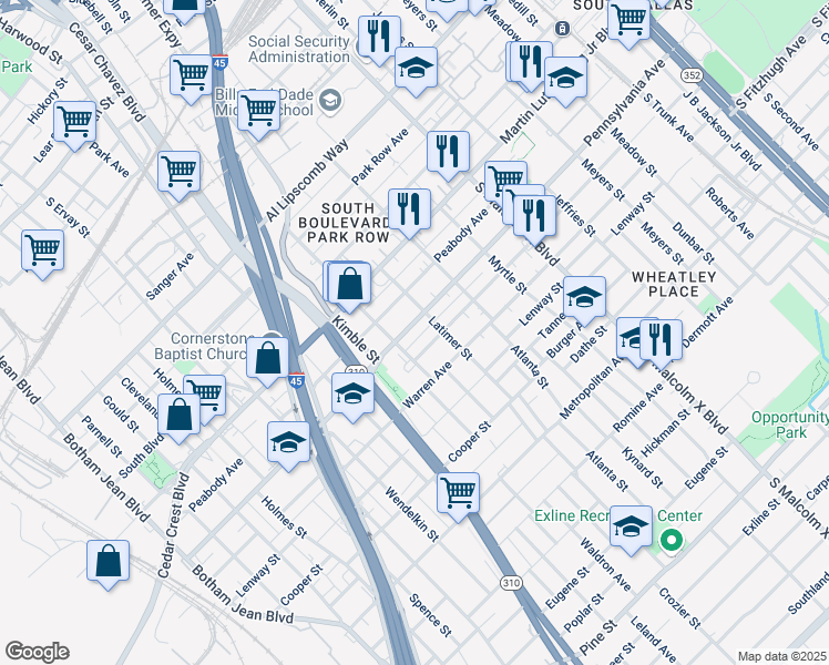 map of restaurants, bars, coffee shops, grocery stores, and more near 2421 Pennsylvania Avenue in Dallas