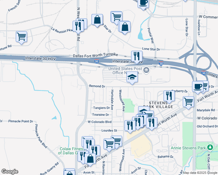 map of restaurants, bars, coffee shops, grocery stores, and more near 2920 Remond Drive in Dallas
