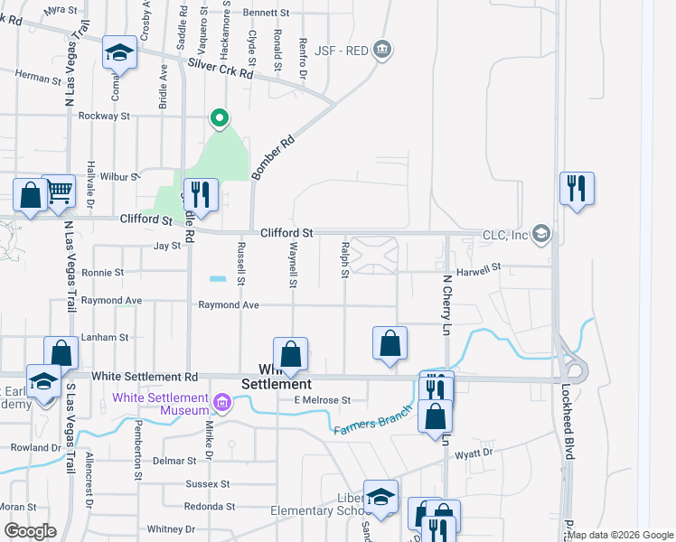 map of restaurants, bars, coffee shops, grocery stores, and more near 412 Blair Street in White Settlement