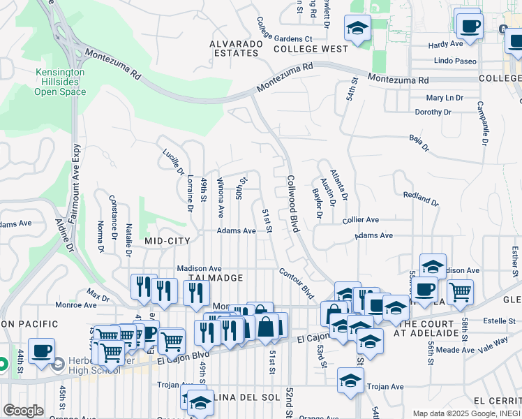 map of restaurants, bars, coffee shops, grocery stores, and more near 4773 Altadena Avenue in San Diego