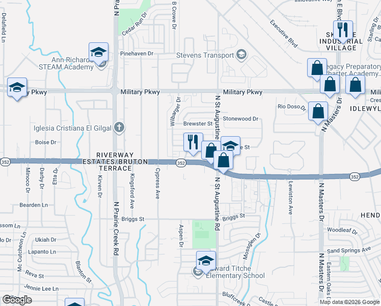 map of restaurants, bars, coffee shops, grocery stores, and more near 9527 Kerrville Street in Dallas