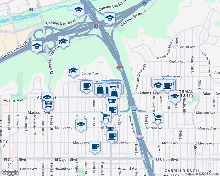 map of restaurants, bars, coffee shops, grocery stores, and more near 4837 Kansas Street in San Diego