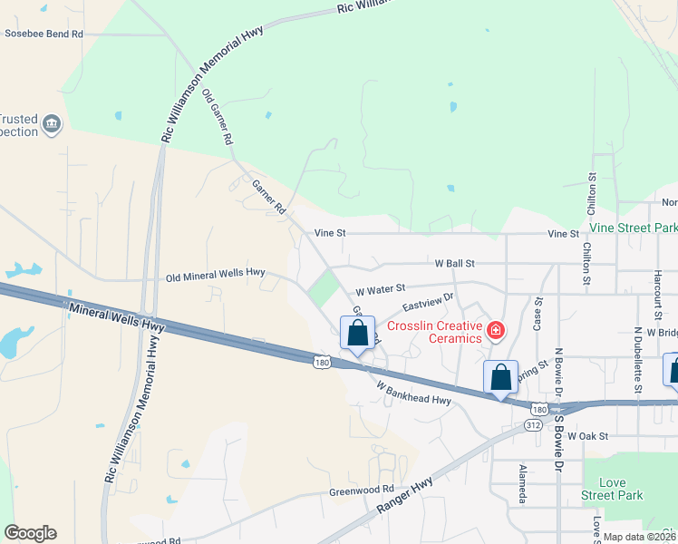 map of restaurants, bars, coffee shops, grocery stores, and more near 1446 West Ball Street in Weatherford