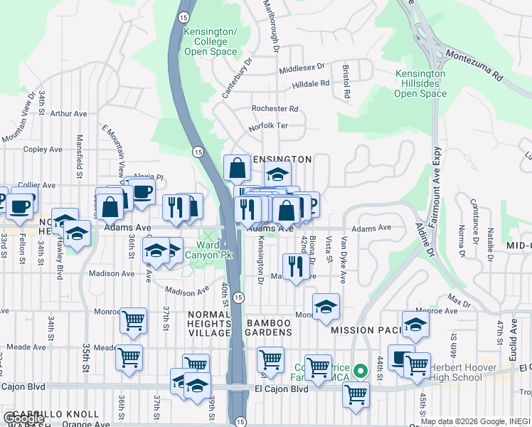 map of restaurants, bars, coffee shops, grocery stores, and more near 4725 Kensington Drive in San Diego