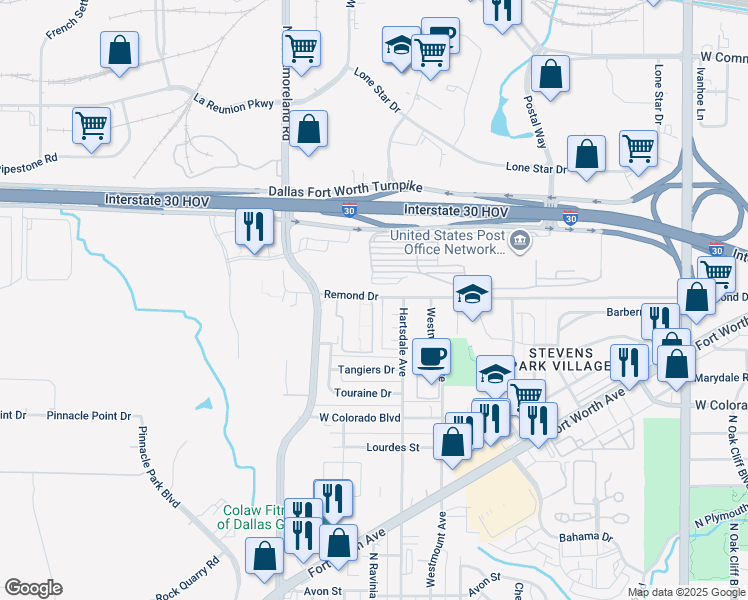 map of restaurants, bars, coffee shops, grocery stores, and more near 2920 Remond Drive in Dallas