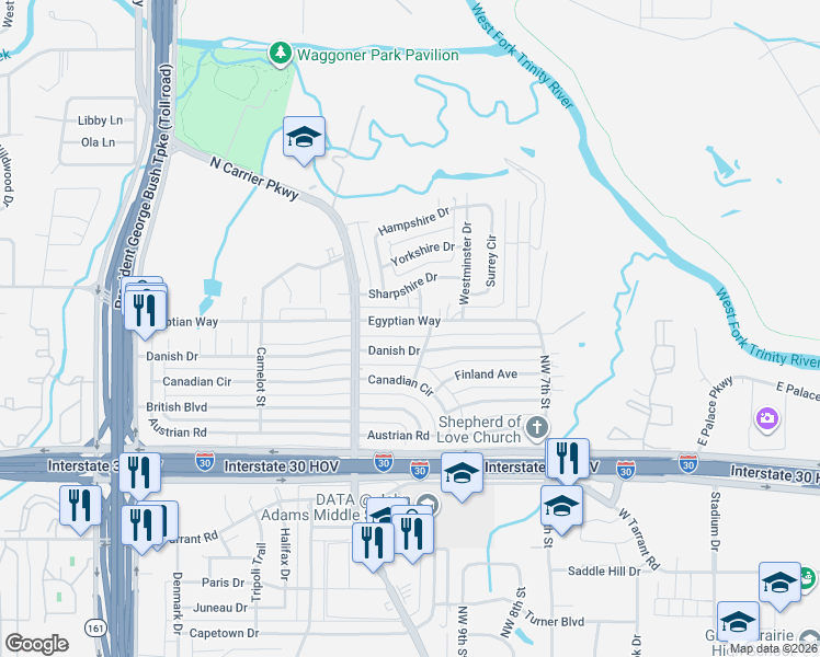map of restaurants, bars, coffee shops, grocery stores, and more near 1702 Manchester Drive in Grand Prairie