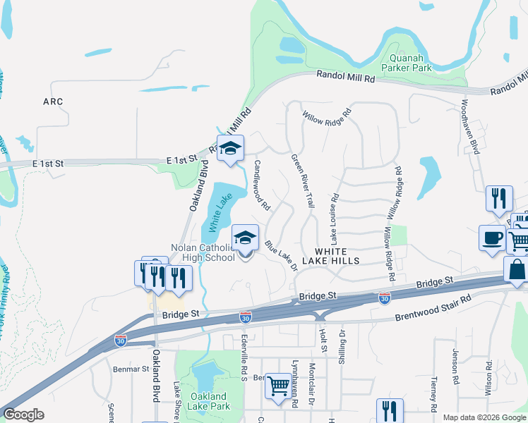 map of restaurants, bars, coffee shops, grocery stores, and more near 704 Candlewood Road in Fort Worth