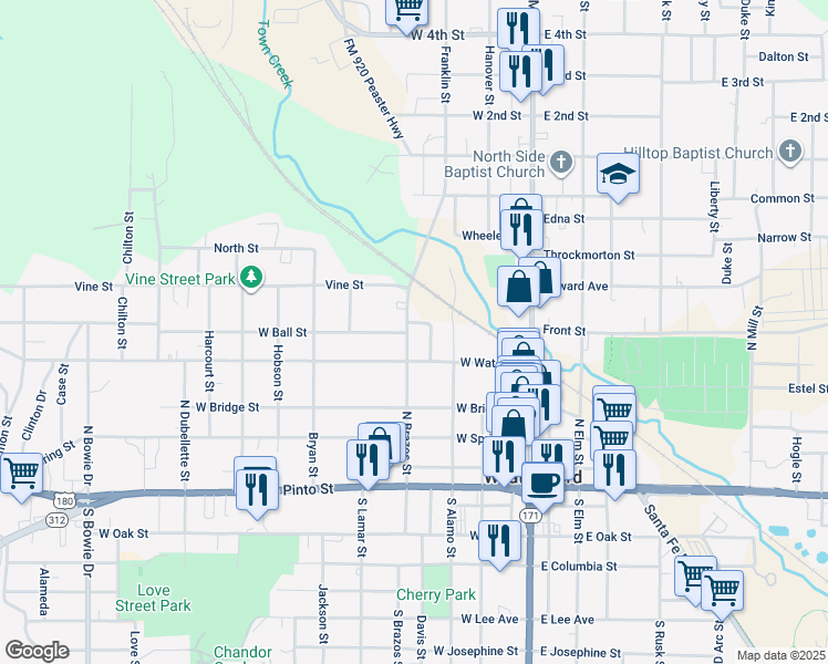 map of restaurants, bars, coffee shops, grocery stores, and more near 414 North Brazos Street in Weatherford