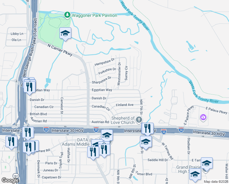 map of restaurants, bars, coffee shops, grocery stores, and more near 739 Westminster Drive in Grand Prairie