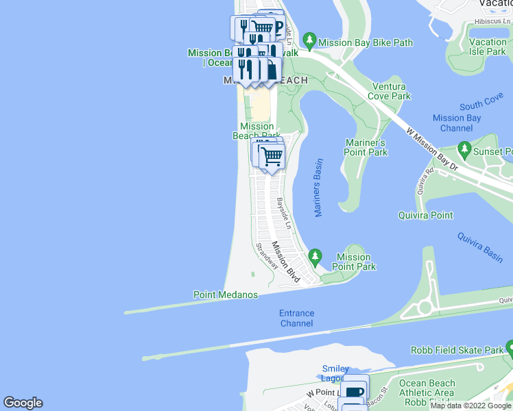 map of restaurants, bars, coffee shops, grocery stores, and more near Strand Way & Cohasset Ct in San Diego