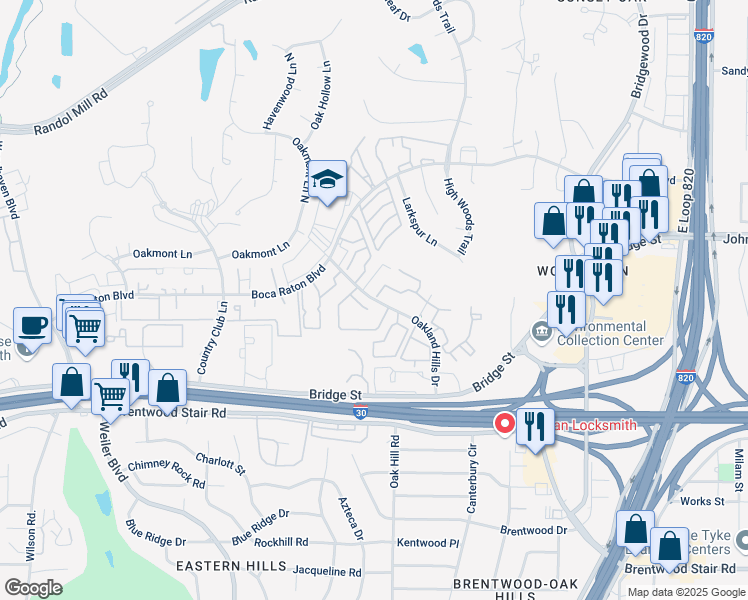 map of restaurants, bars, coffee shops, grocery stores, and more near Oakland Hills Drive in Fort Worth