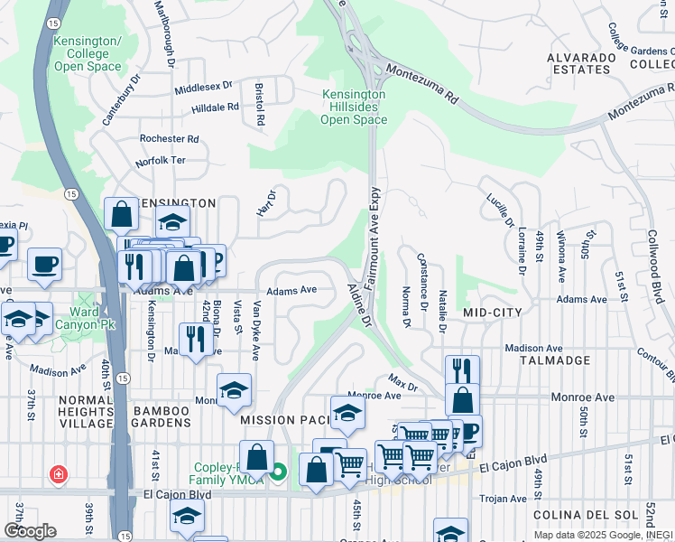 map of restaurants, bars, coffee shops, grocery stores, and more near 4372 North Talmadge Drive in San Diego