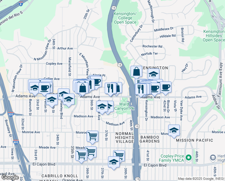 map of restaurants, bars, coffee shops, grocery stores, and more near 4719 East Mountain View Drive in San Diego