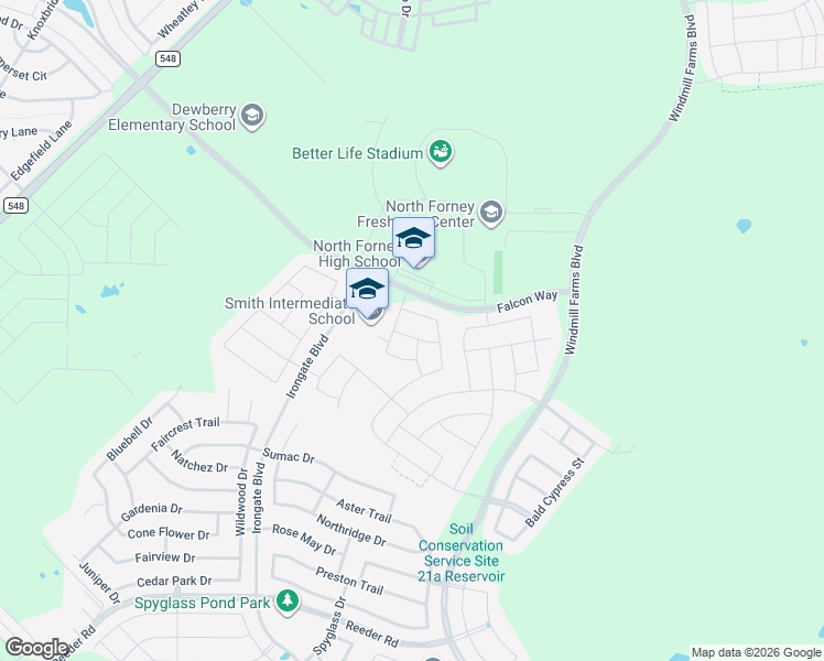 map of restaurants, bars, coffee shops, grocery stores, and more near 3120 Shorthorn Way in Heath