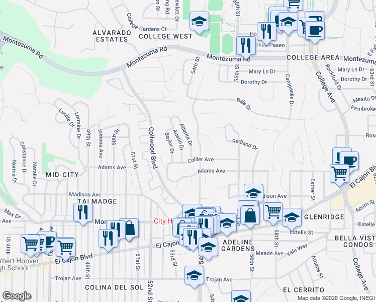 map of restaurants, bars, coffee shops, grocery stores, and more near 4750 Austin Drive in San Diego