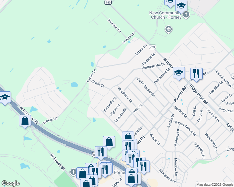map of restaurants, bars, coffee shops, grocery stores, and more near 501 Heritage Hill Drive in Forney