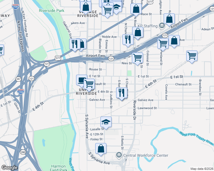 map of restaurants, bars, coffee shops, grocery stores, and more near 2808 Chenault Street in Fort Worth