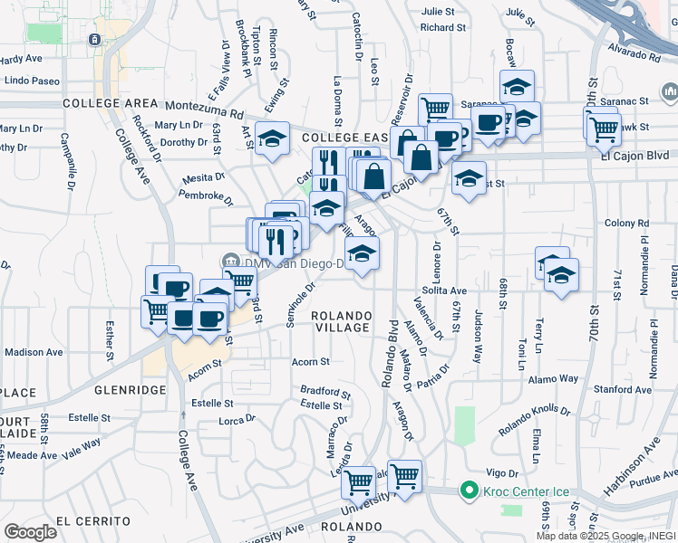 map of restaurants, bars, coffee shops, grocery stores, and more near 4777 Seminole Drive in San Diego