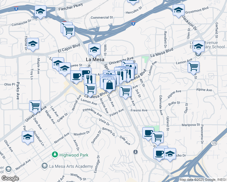 map of restaurants, bars, coffee shops, grocery stores, and more near in La Mesa