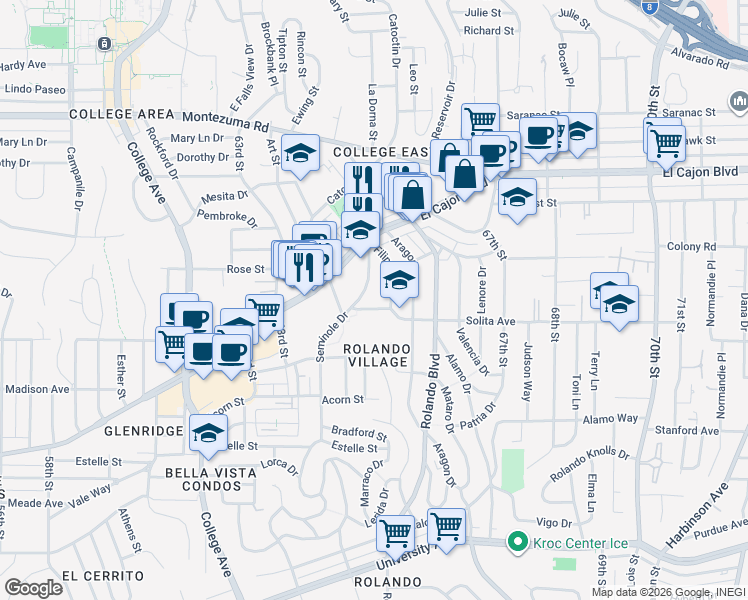 map of restaurants, bars, coffee shops, grocery stores, and more near 4746 Filipo Street in San Diego