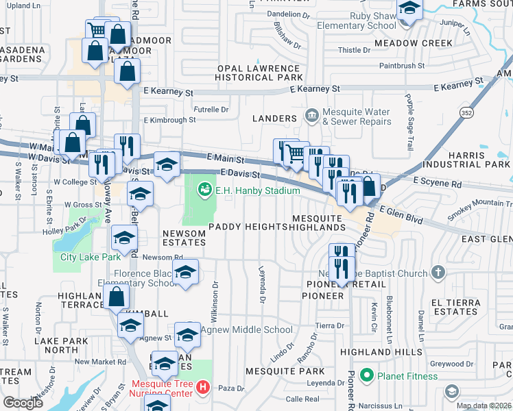 map of restaurants, bars, coffee shops, grocery stores, and more near 313 Paddy Street in Mesquite