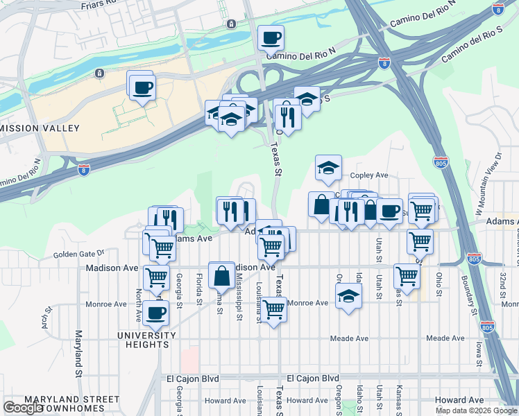 map of restaurants, bars, coffee shops, grocery stores, and more near 4780 Panorama Drive in San Diego