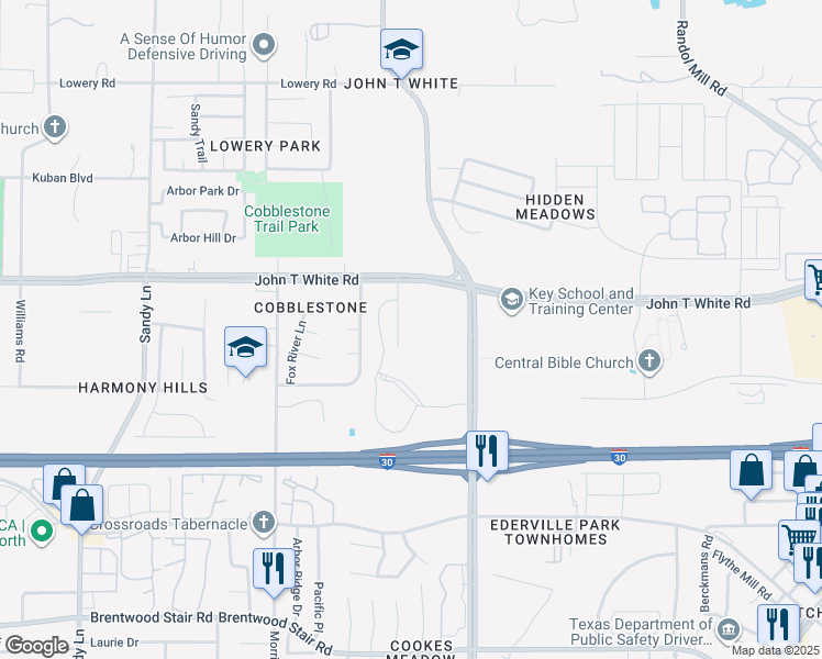 map of restaurants, bars, coffee shops, grocery stores, and more near 1100 Cooks Lane in Fort Worth