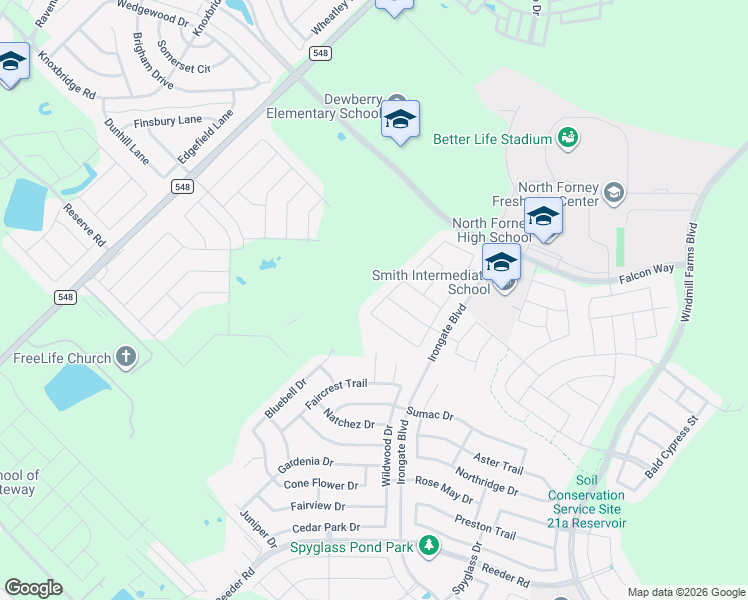 map of restaurants, bars, coffee shops, grocery stores, and more near 2012 Misty Hollow Court in Forney