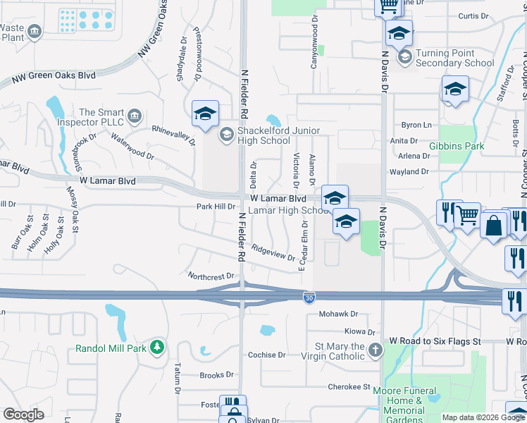 map of restaurants, bars, coffee shops, grocery stores, and more near 1816 West Cedar Elm Drive in Arlington