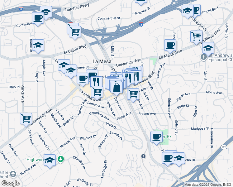 map of restaurants, bars, coffee shops, grocery stores, and more near in La Mesa