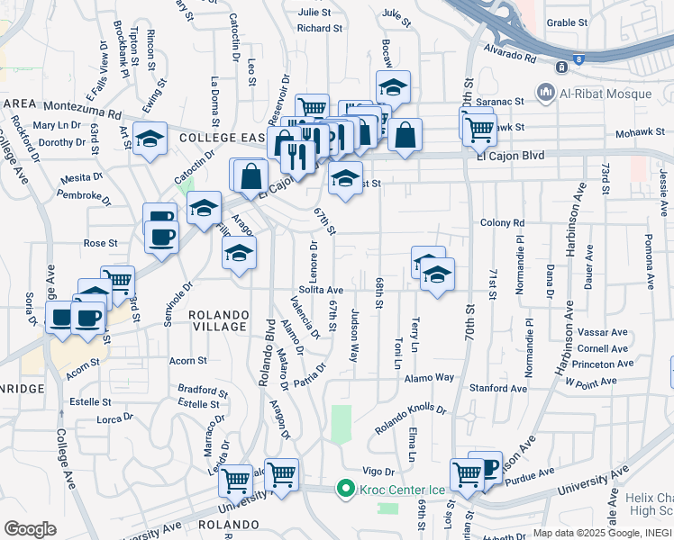 map of restaurants, bars, coffee shops, grocery stores, and more near 4751 67th Street in San Diego