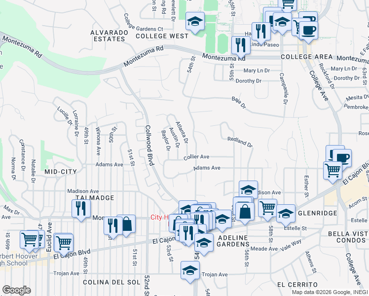 map of restaurants, bars, coffee shops, grocery stores, and more near 4750 Austin Drive in San Diego