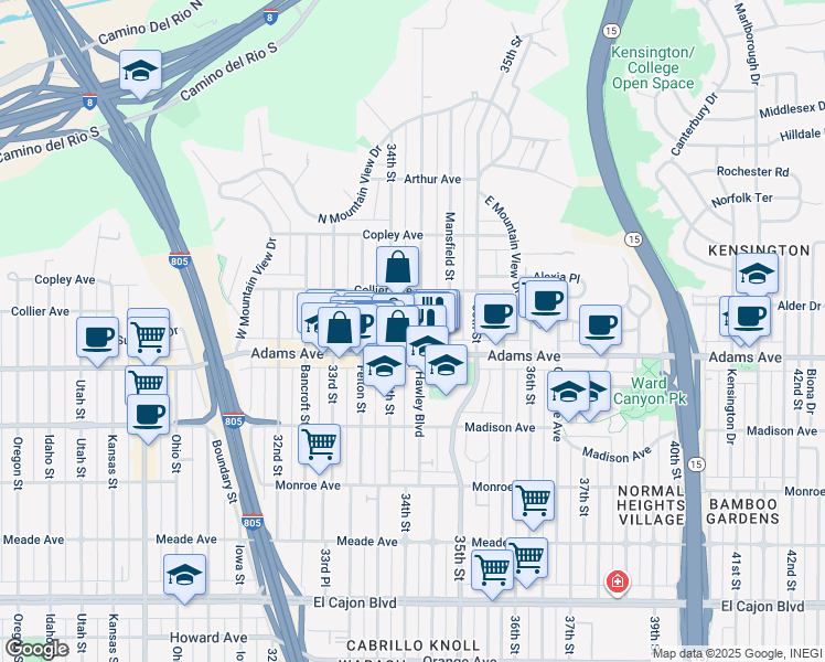 map of restaurants, bars, coffee shops, grocery stores, and more near 4752 Hawley Boulevard in San Diego