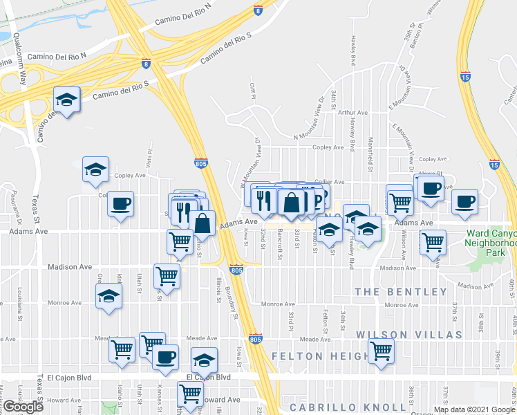 map of restaurants, bars, coffee shops, grocery stores, and more near 4757 West Mountain View Drive in San Diego