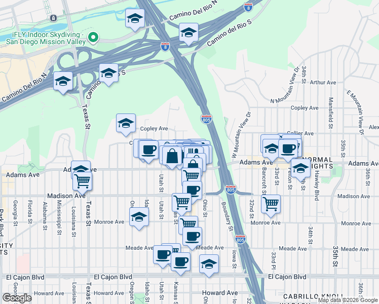 map of restaurants, bars, coffee shops, grocery stores, and more near 4837 Kansas Street in San Diego