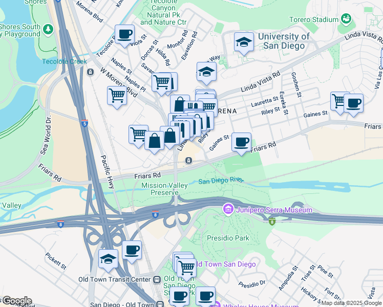 map of restaurants, bars, coffee shops, grocery stores, and more near 5375 Napa Street in San Diego
