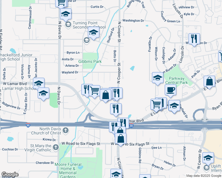 map of restaurants, bars, coffee shops, grocery stores, and more near 1901 Cleburn Drive in Arlington