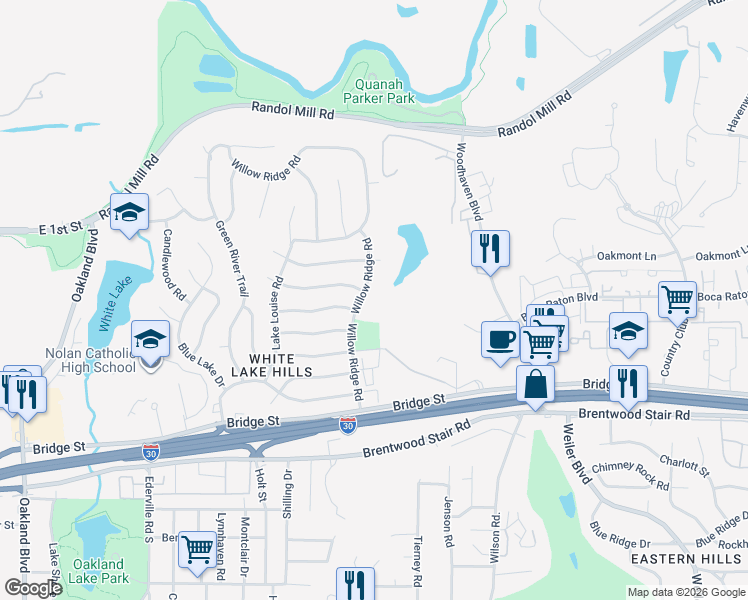 map of restaurants, bars, coffee shops, grocery stores, and more near 613 Willow Ridge Road in Fort Worth