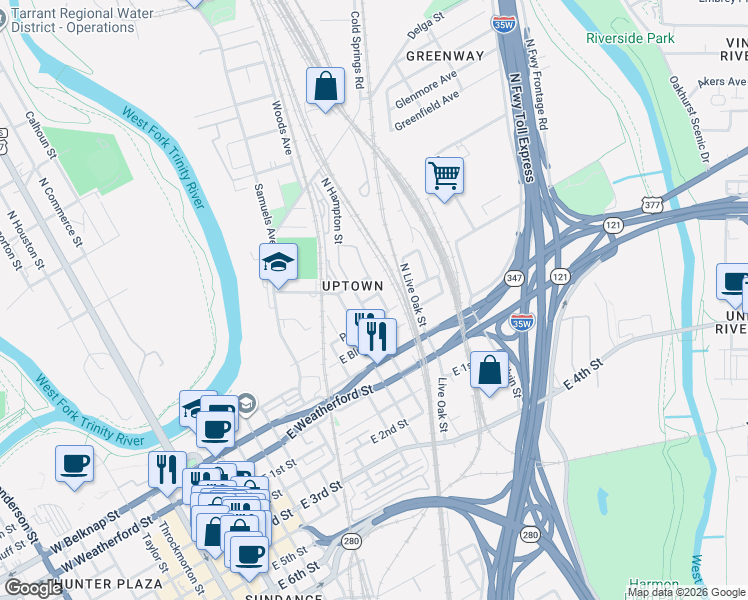map of restaurants, bars, coffee shops, grocery stores, and more near 1408 Waterman Street in Fort Worth