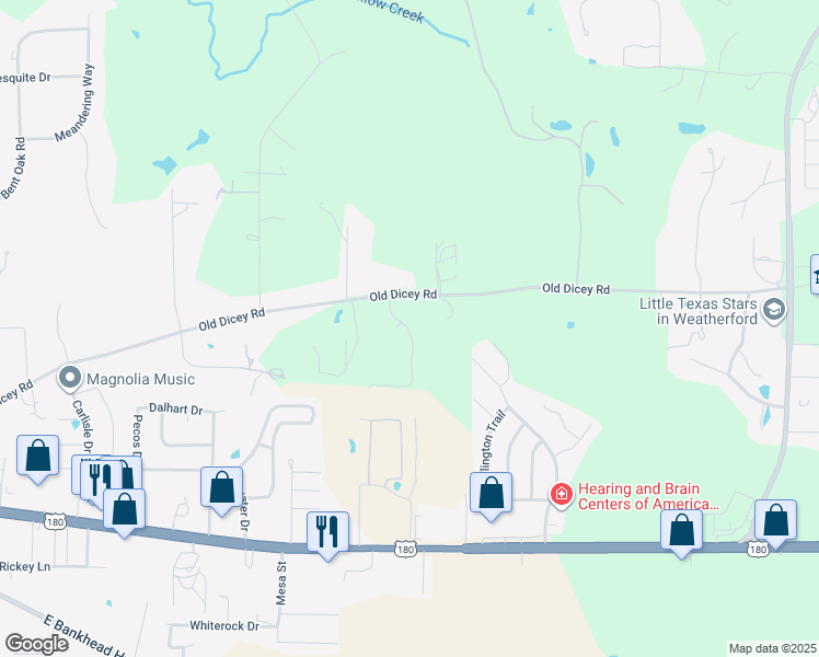 map of restaurants, bars, coffee shops, grocery stores, and more near 303 Garden Lane in Weatherford