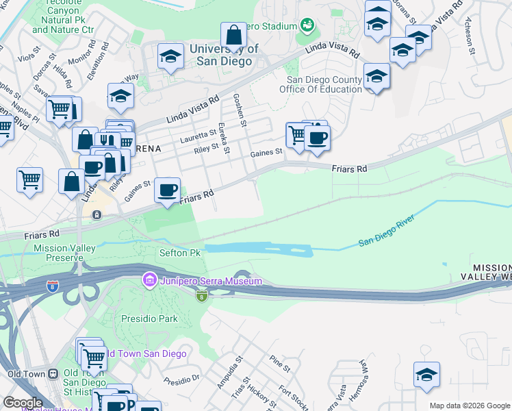 map of restaurants, bars, coffee shops, grocery stores, and more near 5865 Friars Road in San Diego