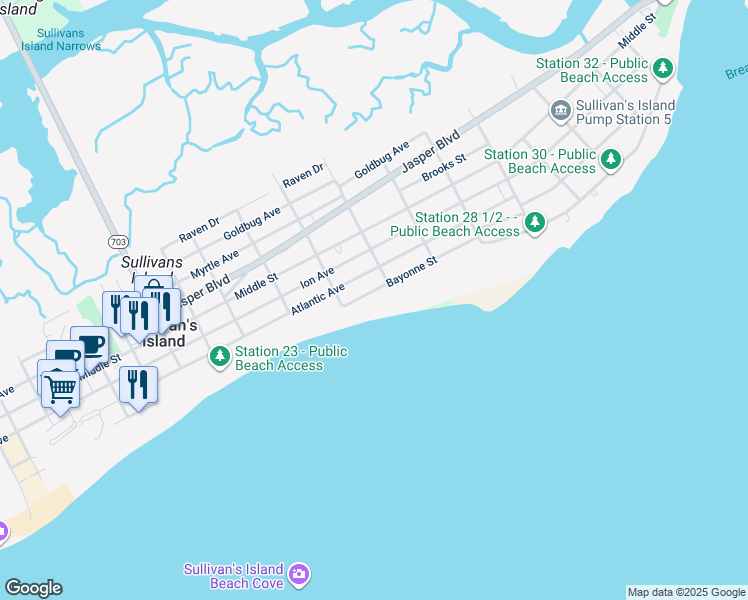 map of restaurants, bars, coffee shops, grocery stores, and more near 2619 Bayonne Street in Sullivan's Island