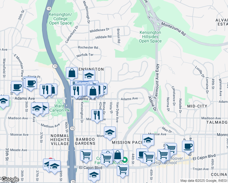 map of restaurants, bars, coffee shops, grocery stores, and more near 4750 Vista Street in San Diego