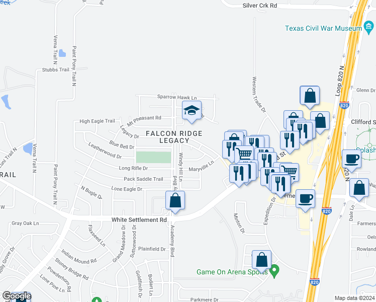 map of restaurants, bars, coffee shops, grocery stores, and more near 401 Westmere Court in Fort Worth